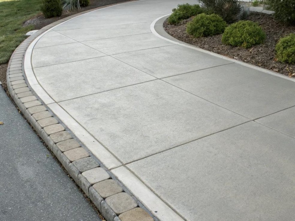 Curved concrete driveway with paver edging and a two-car garage in South Jersey