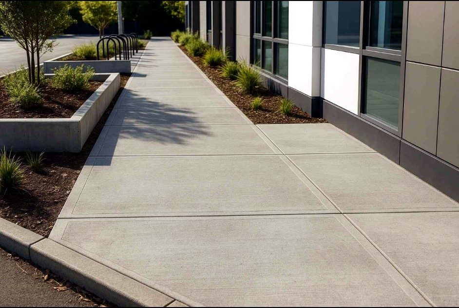 Commercial concrete sidewalk alongside a modern office building