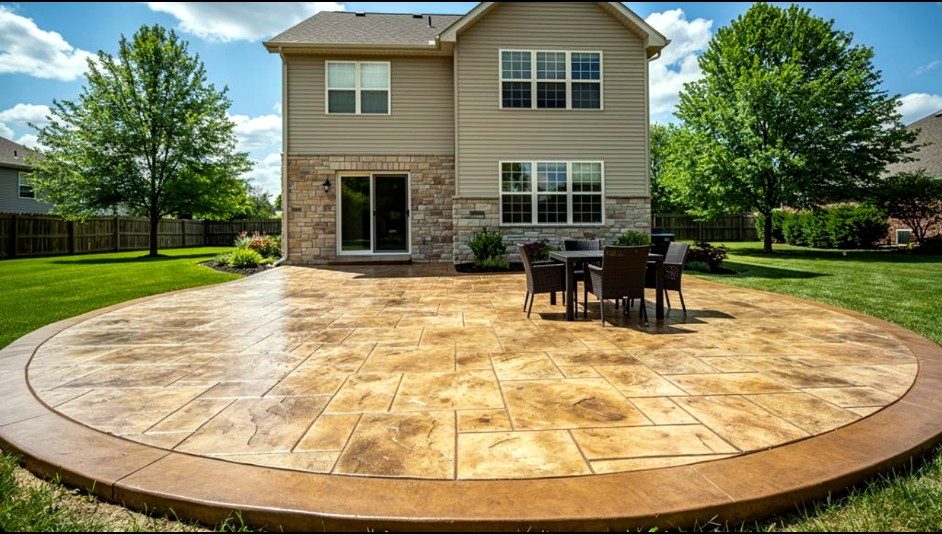 Round stamped concrete patio with outdoor dining furniture