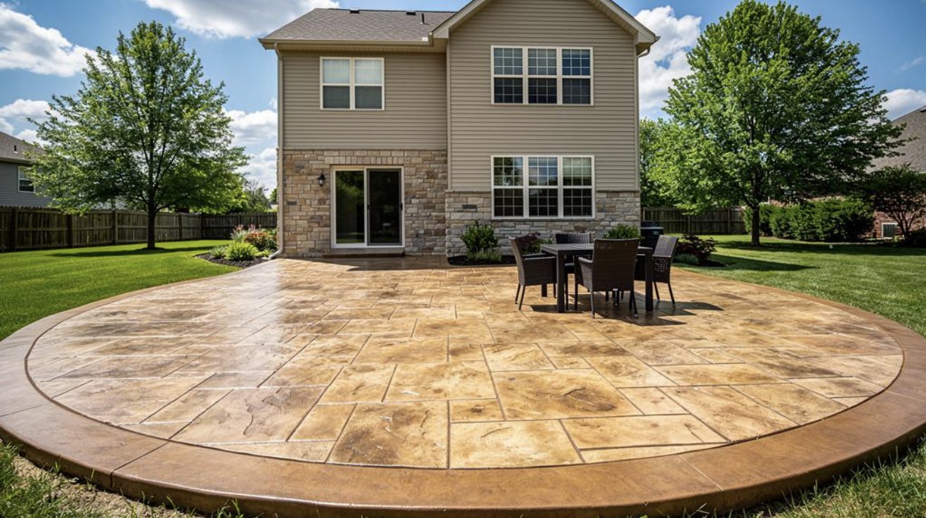 Stamped concrete patio with a curved border behind a South Jersey home